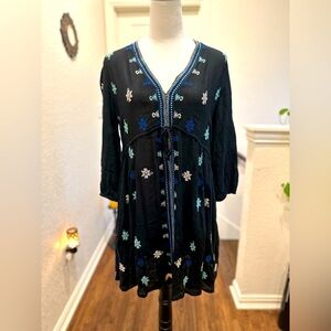 Free People Black Embroidered Boho Mini Dress with Blue & Teal Accents